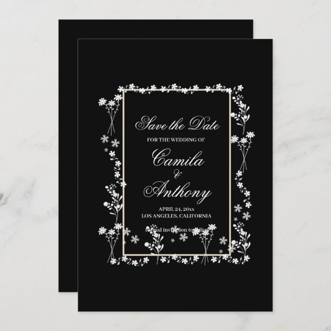 Convite Casamento de Borda Floral Negra (Frente/Verso)