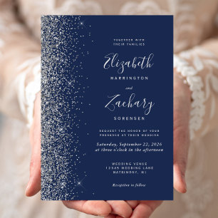 Convite Casamento de Borda Glitter Azul de Prata Marinho M