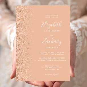 Convite Casamento de Borda Glitter Moderno Peach Faux
