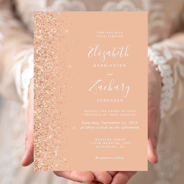 Convite Casamento de Borda Glitter Moderno Peach Faux (Criador carregado)