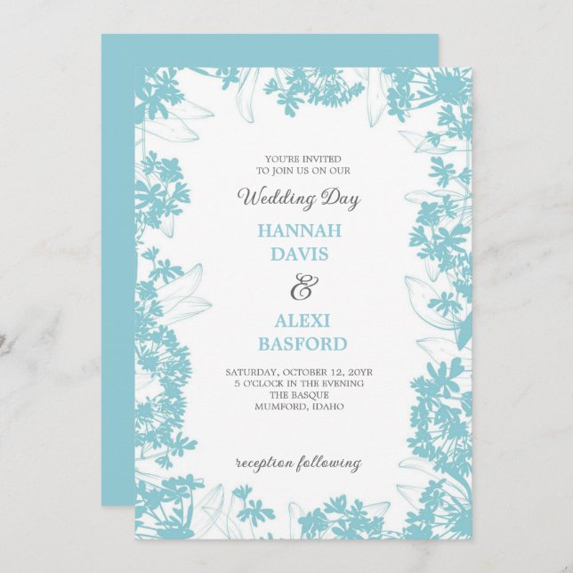 Convite Casamento de Bordas Florais Pálidas Turquesa (Frente/Verso)