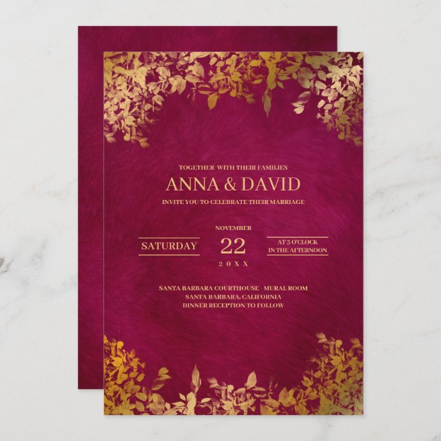 Convite Casamento de Borgonha com Folhas Douradas Elegante (Frente/Verso)