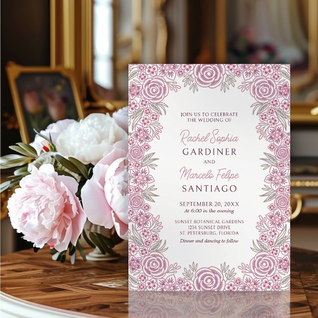 Convite Casamento de Borgonha com Rosa de Borboleta Floral (Criador carregado)