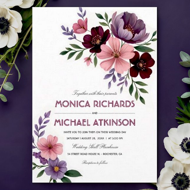 Convite Casamento de Borgonha de Ameixa Floral de Água Ele (Criador carregado)