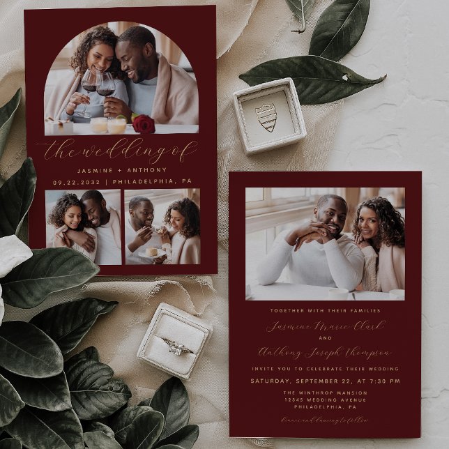 Convite Casamento de Borgonha de Colagem de Foto Minimalis (Criador carregado)