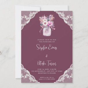 Convite Casamento de Borgonha de Lace e Mason Jar Flores