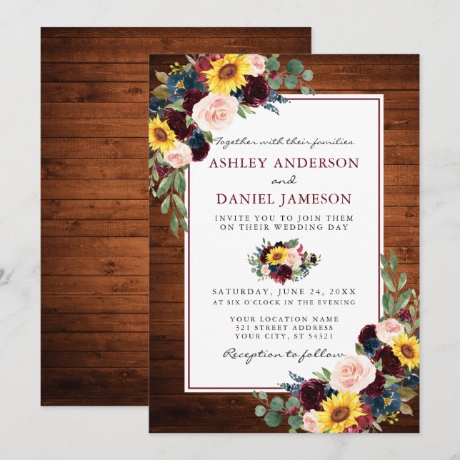 Convite Casamento de Borgonha de Madeira Floral Mistura (Frente/Verso)