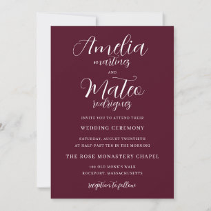 Convite Casamento de Borgonha de Script Minimalista Elegan