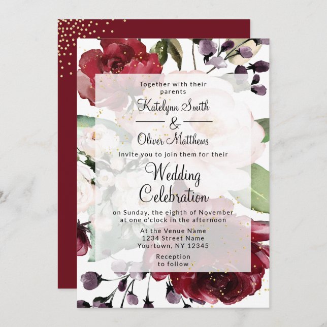 Convite Casamento de Borgonha Dourada e Floral (Frente/Verso)