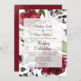 Convite Casamento de Borgonha Dourada e Floral