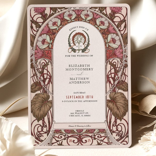 Convite Casamento de Borgonha e Ivory Florals Art Nouveau (Criador carregado)