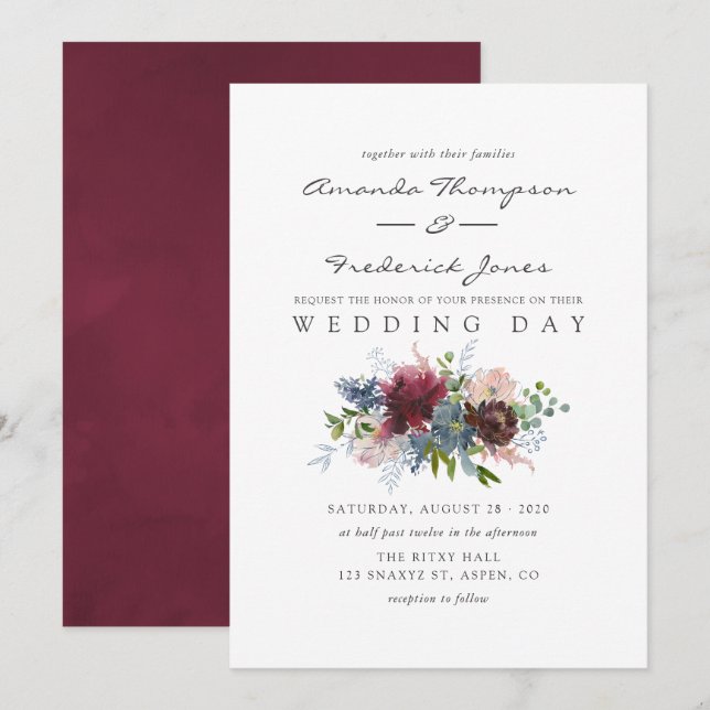 Convite Casamento de Borgonha e Marinho (Frente/Verso)