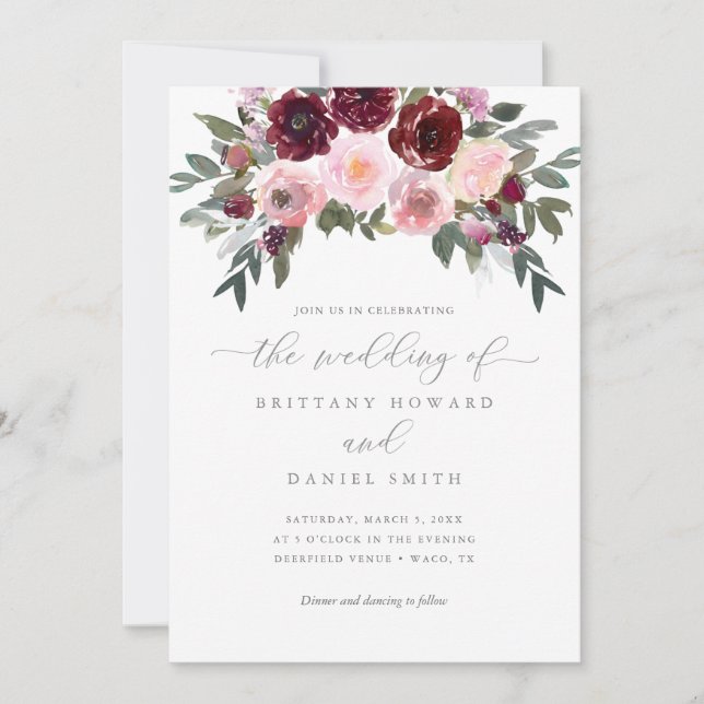 Convite Casamento de Borgonha e Rosa Rosa Rosa Rosa Verde (Frente)