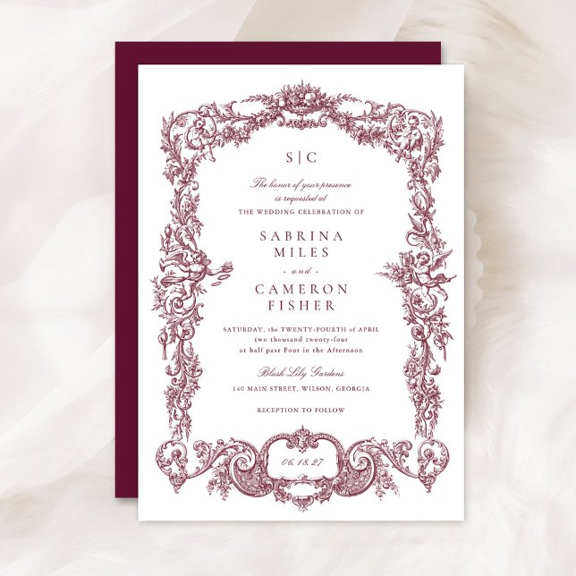 Convite Casamento de Borgonha Floral Barroca Elegante (Criador carregado)