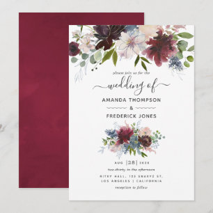 Convite Casamento de Borgonha, Marinho e Blush Floral