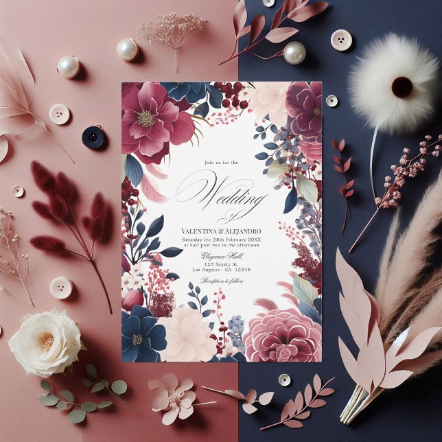Convite Casamento de Borgonha, Marinho e Vinho Floral Blus (Burgundy, Navy, and Blush Boho Floral Wine Wedding Invitation)