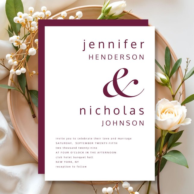 Convite Casamento de Borgonha Moderna Elegante (Elegant Modern Burgundy Wedding Invitation)