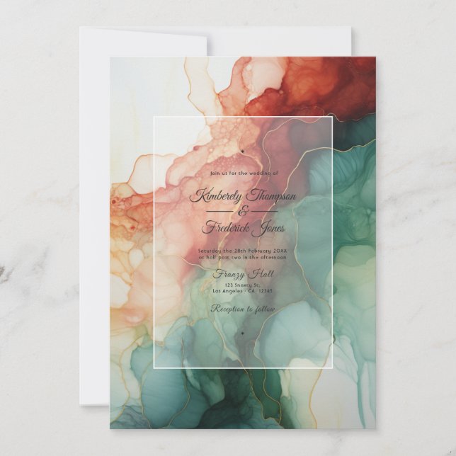 Convite Casamento de Borgonha, Verde Florestal e Tinta Car (Frente)