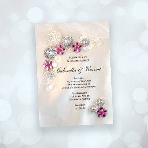 Convite Casamento de Botões Brancos e Diamantes Rosa Faux