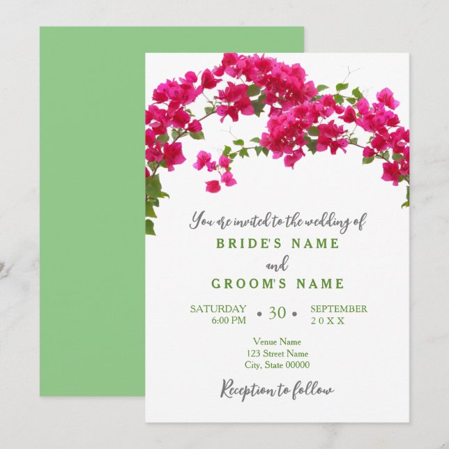 Convite Casamento de Bougainvillea verde-tropical fuchsia (Frente/Verso)