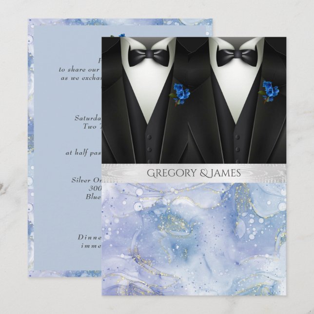 Convite Casamento de Boutonniere Azul de Tuxedos Negro (Frente/Verso)