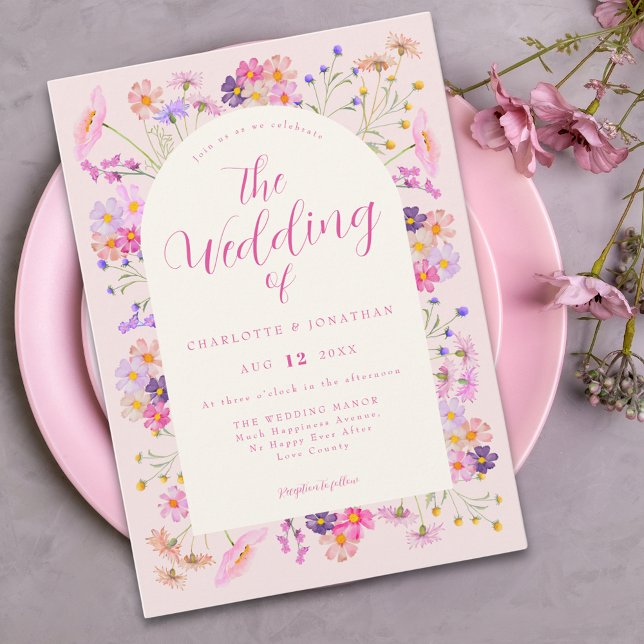 Convite Casamento de Bóvora Selvagem Rosa Elegante (Elegant wildflower pink wedding invitation With watercolor pastel florals)