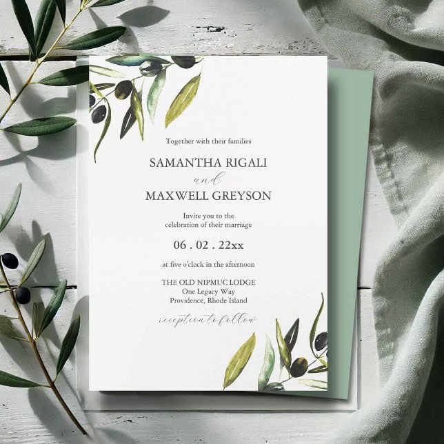 Convite Casamento De Branqueamento De Azeitonas De Cores A (olive wedding invitations features watercolor art by Victoria Grigaliunas of do Tell A Belle)