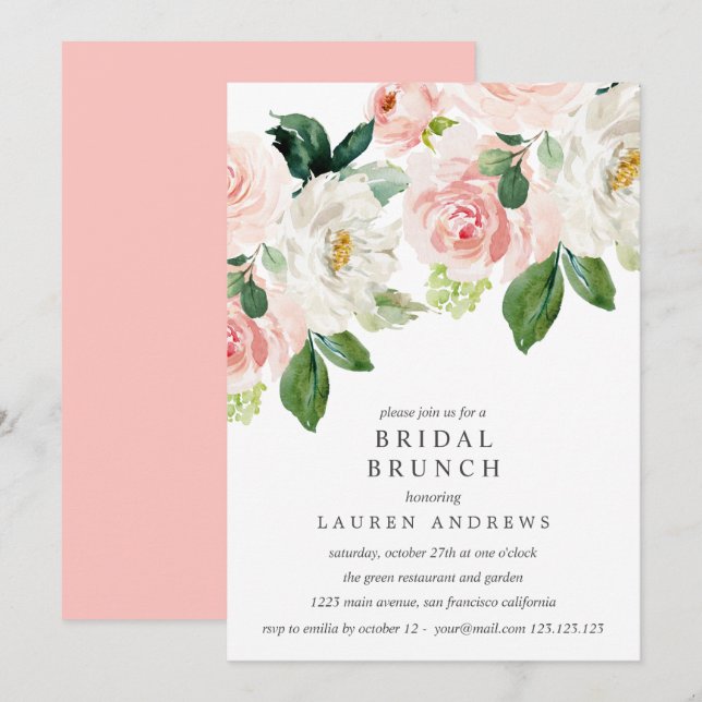 Convite Casamento de Bridal de Buquê de Blush Moderno Brun (Frente/Verso)