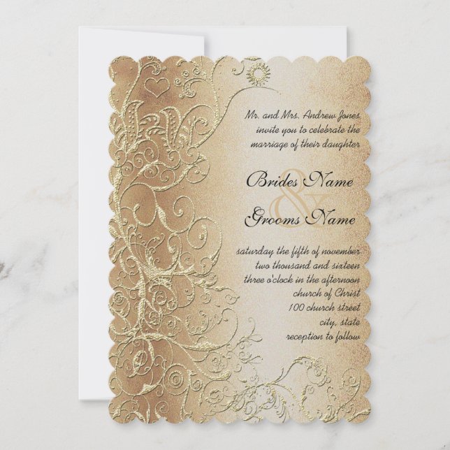 Convite Casamento de Bronze Dourado e Cisnes de Amor Preto (Frente)