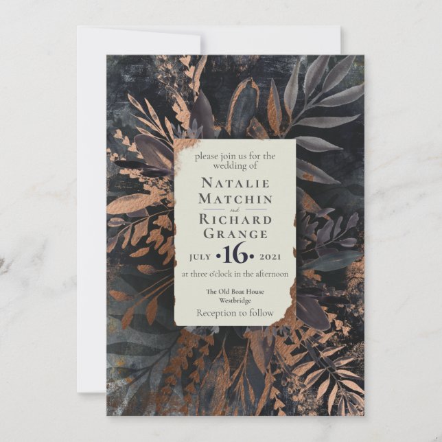 Convite Casamento de Bronze e Slate Moody Buquê, (Frente)