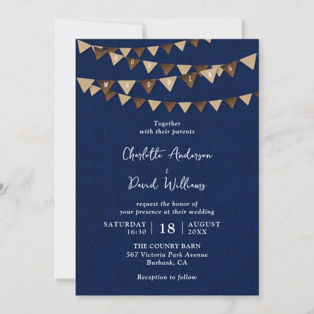 Convite Casamento de Bunting Blue Burlap Marinho Rustic (Frente)