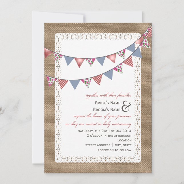 Convite Casamento de Bunting Gingham & Floral Inspirado em (Frente)