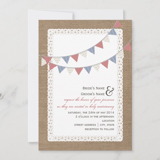 Convite Casamento de Bunting Inscrito em Burlap (Frente)