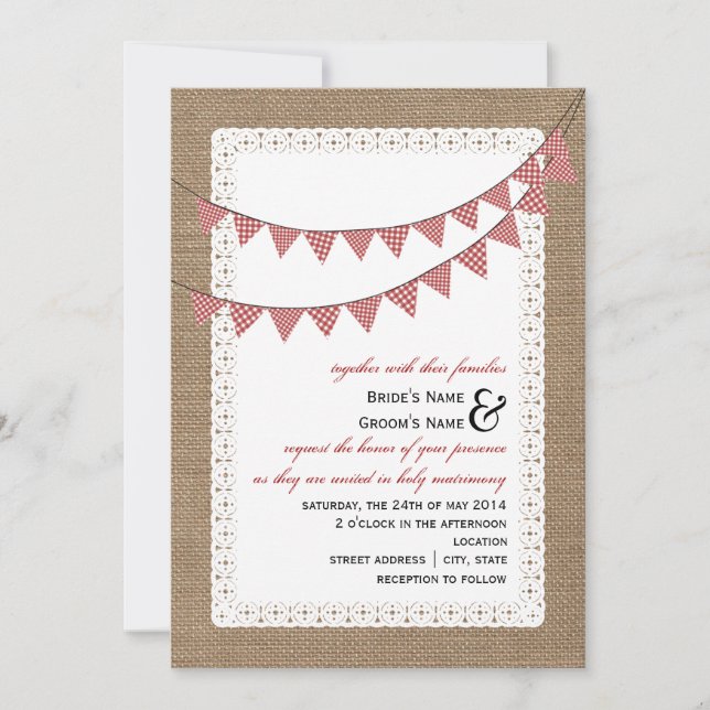 Convite Casamento de Bunting Red Gingham Inspirado em Burl (Frente)