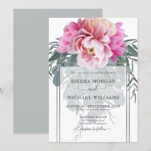 Convite Casamento de Buquê de Cinza de Prata Rosa-Rosa-Blu
