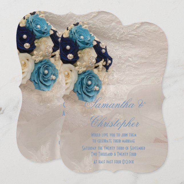 Convite Casamento de buquê de noivas florais azuis (Frente/Verso)