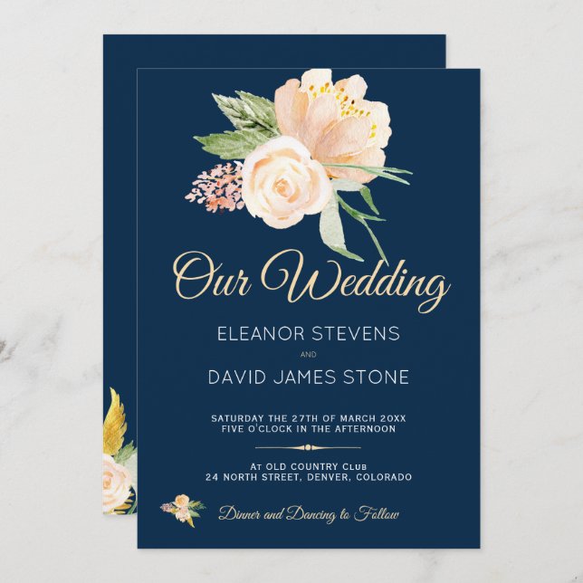 Convite Casamento de buquê de pêssego azul-marinho russo (Frente/Verso)