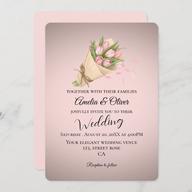 Convite Casamento de Buquê de Tulipas Rosa Elegante (Frente/Verso)