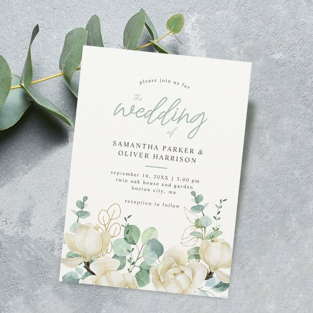 Convite Casamento de Buquê Eucalyptus Magnolia Branca Eleg (Elegant White Magnolia Eucalyptus Bouquet Wedding Invitation)