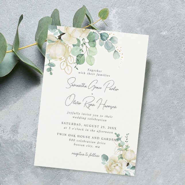 Convite Casamento de Buquê Eucalyptus Magnolia Branca Eleg (Elegant White Magnolia Eucalyptus Bouquet Wedding Invitation)