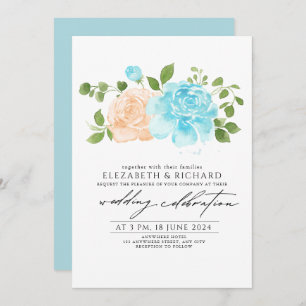 Convite Casamento de Buquê Floral Azul-claro Moderno