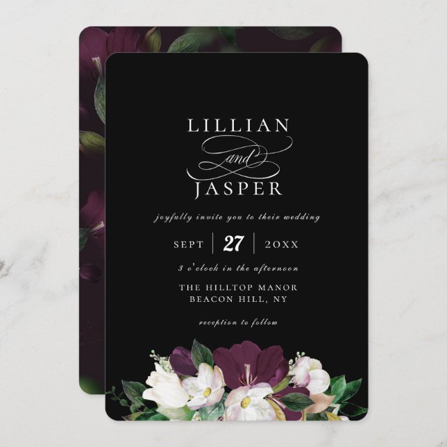 Convite Casamento de Buquê Floral de Marfim Roxo Elegante (Frente/Verso)