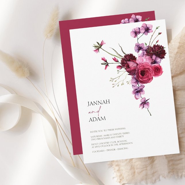 Convite Casamento de Buquê Floral Elegante Burgundy (Elegant Burgundy Floral Bouquet Wedding Invitation)