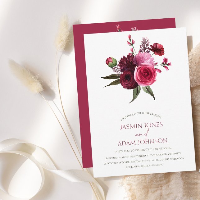 Convite Casamento de Buquê Floral Elegante Burgundy (Elegant Burgundy Floral Bouquet Wedding Invitation)