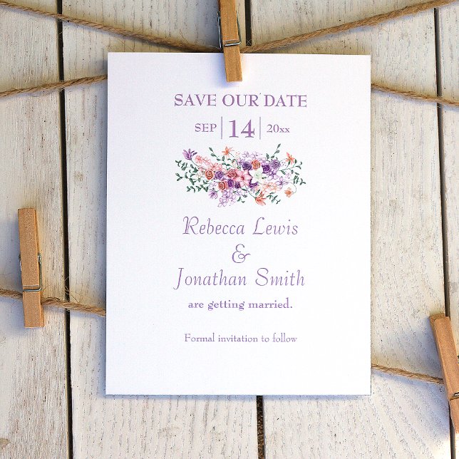 Convite Casamento de Buquê Lilac & Peach Salvar a Data (lilac and peach wedding save the date card, peach flowers, lilies and light purple roses)