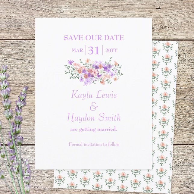 Convite Casamento de Buquê Lilac & Peach Salvar a Data (lilac and peach bouquet Save Our Date wedding announcement)