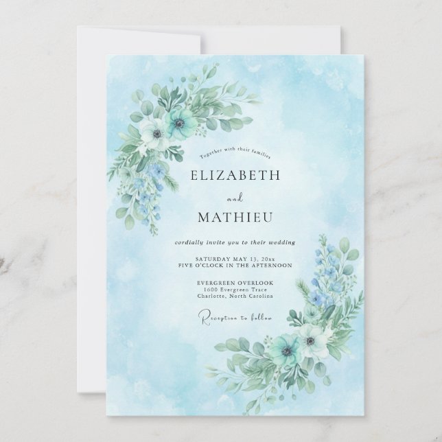 Convite Casamento de Buquê Pintado Céu Azul (Frente)