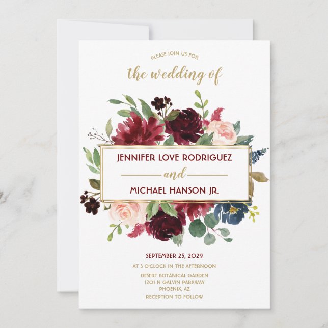 Convite Casamento de Buquês Florais Dourados Azul de Marsa (Frente)
