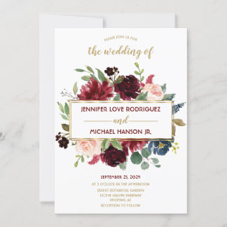 Convite Casamento de Buquês Florais Dourados Azul de Marsa