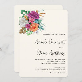 Convite Casamento de Buquês Florais, Rosa, Laranja e Rosas